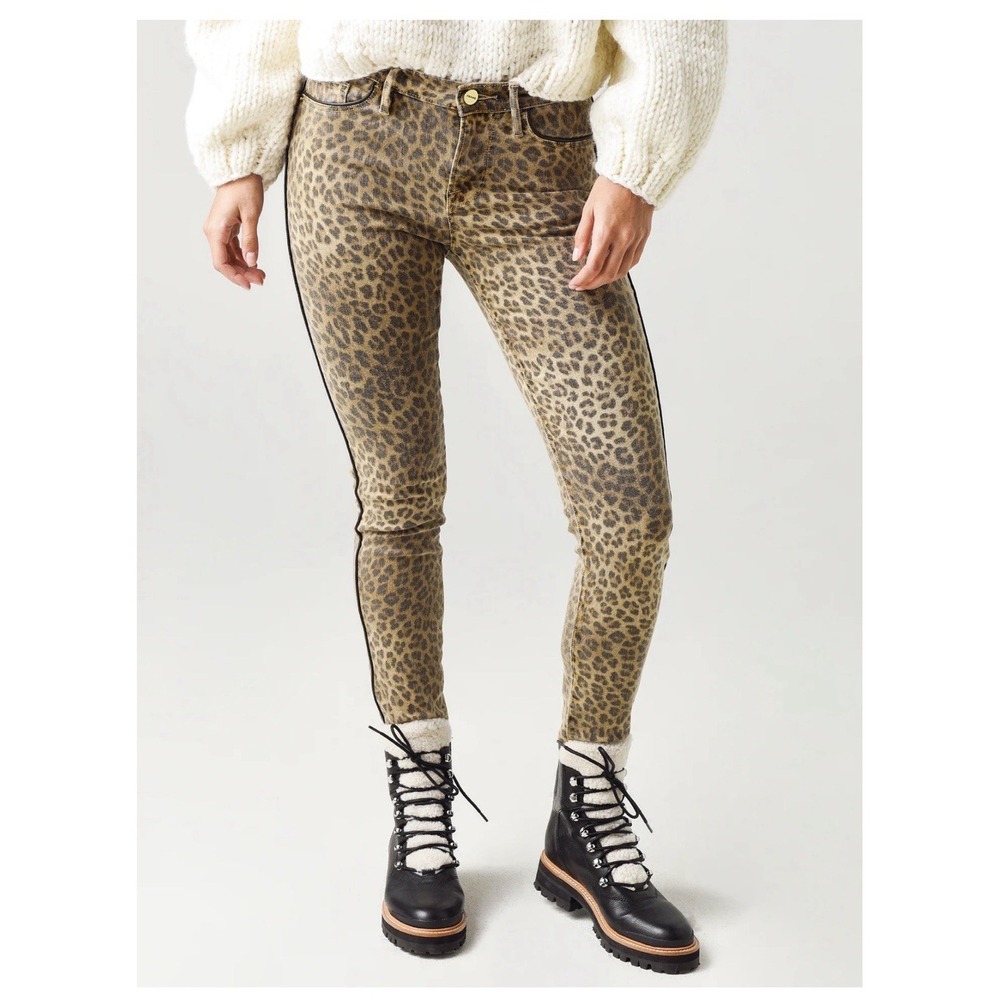 FRAME Le Skinny De Jeanne Leopard Jean 28 Side Seam Piping High Rise Stretch NWT